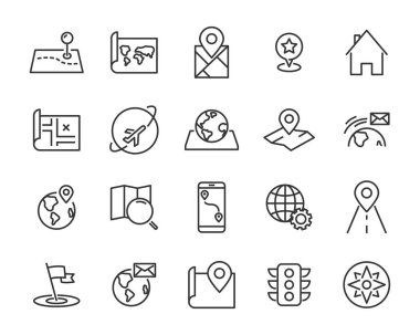 Dünya harita vektör hat simgelerin ayarlamak, harita gibi yol, küre