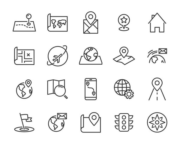 набор значков векторных линий карты мира, таких как карта, способ, глобус
