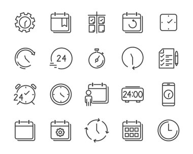 Takvim, uyarı mektubu, gün, yıl 2019 gibi zaman ilişkisi vektör satırı simgesi kümesi, olay