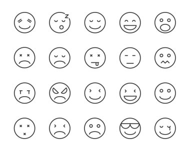 emoji kümesi satır simgeler, mutlu, Uykulu, mood, üzgün, öfkeli gibi vektör, delik, hissediyorum