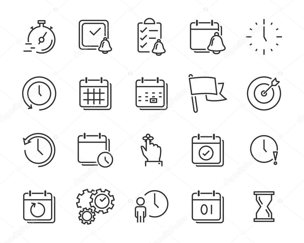 set of time relation vector line icon, such as calendar, reminder, day, year 2019, event