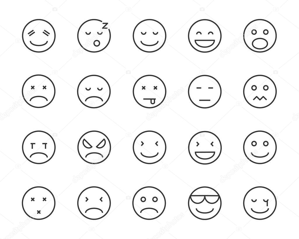 Set of emoji vector line icons, such as happy, sleepy, mood, sad, angry, bore, feel
