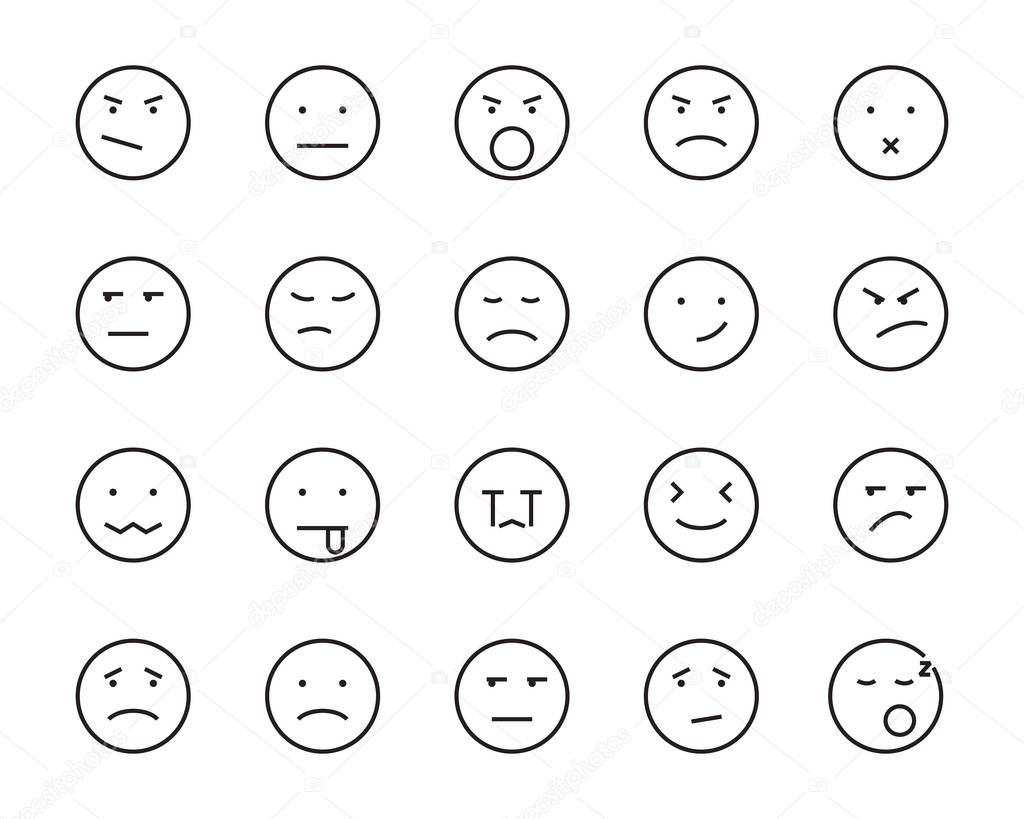 Set of emoji vector line icons, such as happy, sleepy, mood, sad, angry, bore, feel