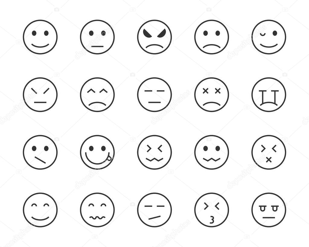 set of emoji vector line icons, such as happy, sleepy, mood, sad, angry, bore, feel