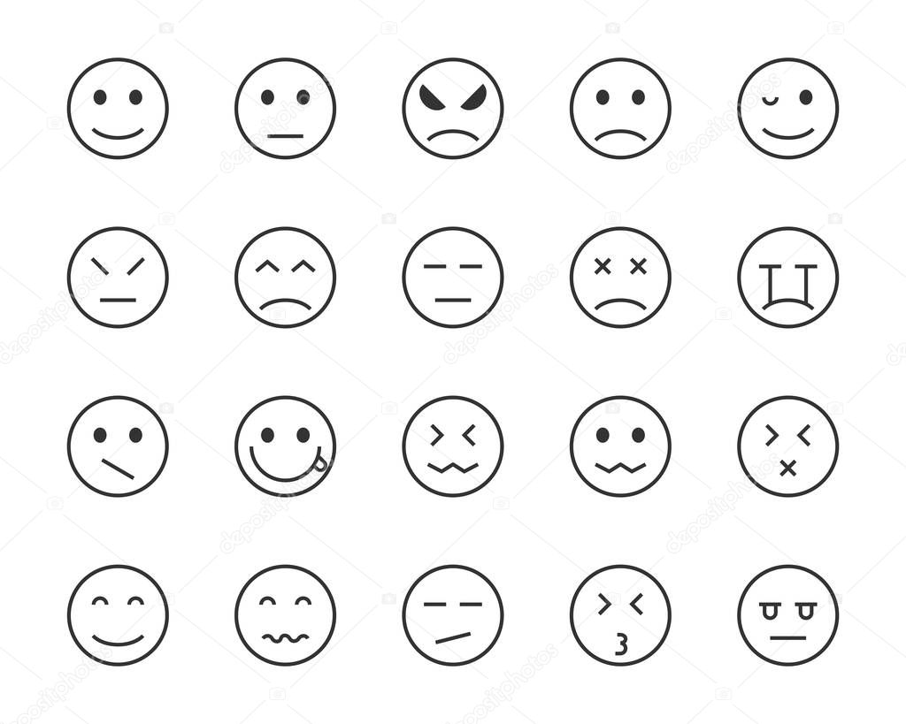 Set of emoji vector line icons, such as happy, sleepy, mood, sad, angry, bore, feel