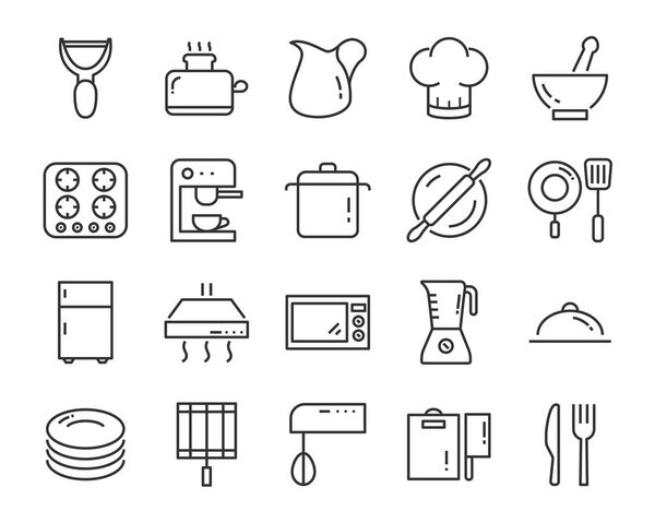 набор иконок, таких как тарелка, кухонные принадлежности, ложка, духовка, микроволновая печь, чайник
