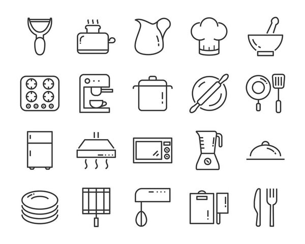 set of cooking icons, such as plate, kitchenware, spoon, oven, microwave, pot