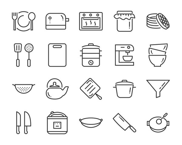 набор иконок, таких как тарелка, кухонные принадлежности, ложка, духовка, микроволновая печь, чайник
