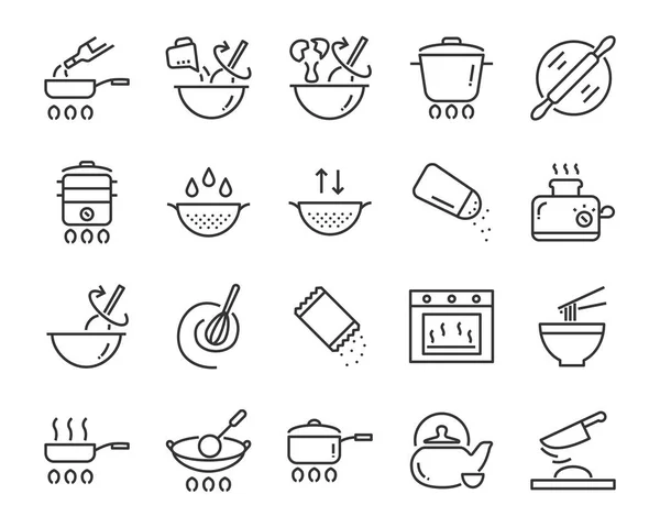 Set Cooking Icons Bake Boil Heat Fries Mixer — Stock Vector