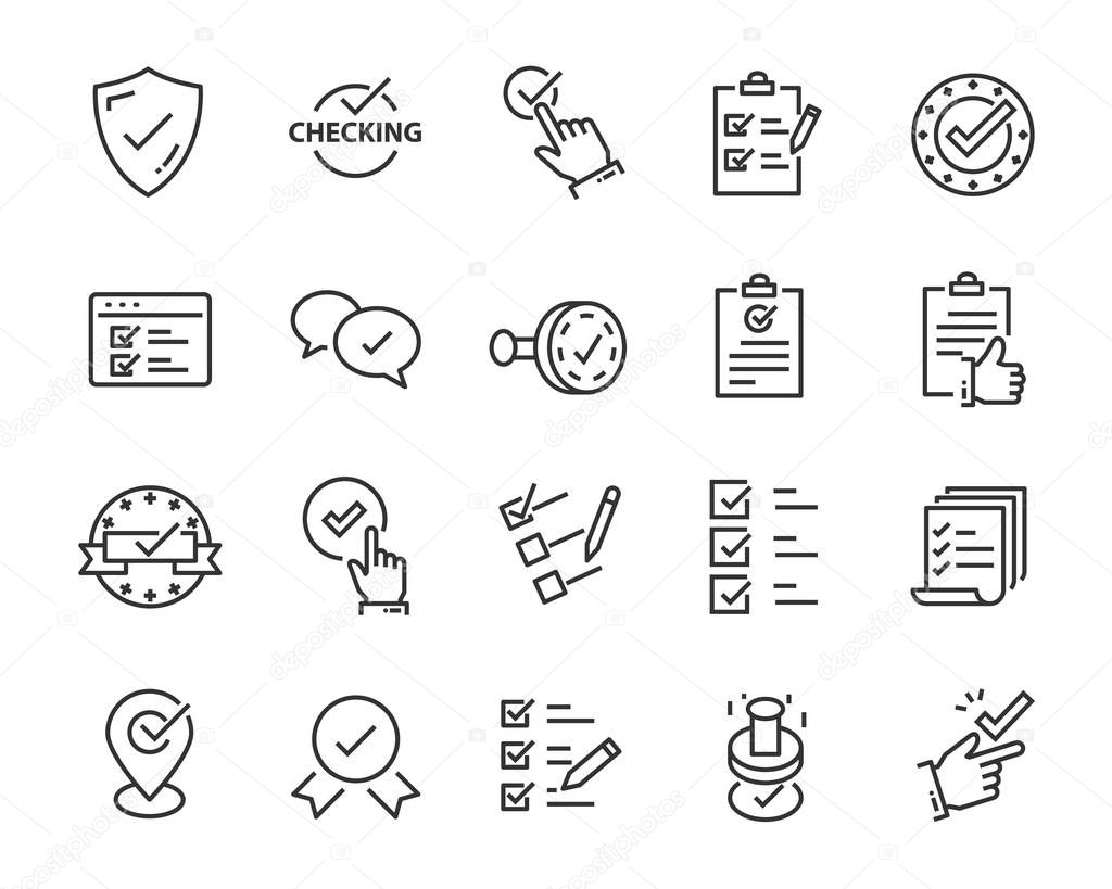 Set of checkmark vector line icons, contains such as check, document and more