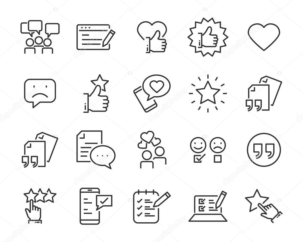 set of feedback line icons, such as, question, review, test, app, emoji, survey