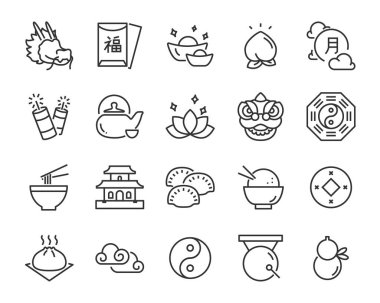 Çin yeni yılı Icons set, yeni yıl 2019, havai fişek, altın, para, ay gibi