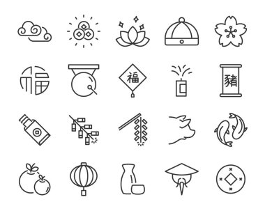 Çin yeni yılı Icons set, yeni yıl 2019, havai fişek, altın, para, ay gibi