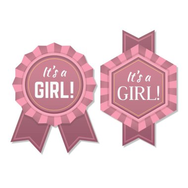 Bu bir kız babyborn etiket ya da rozeti var. Kız etikettir pembe kurdele ile.