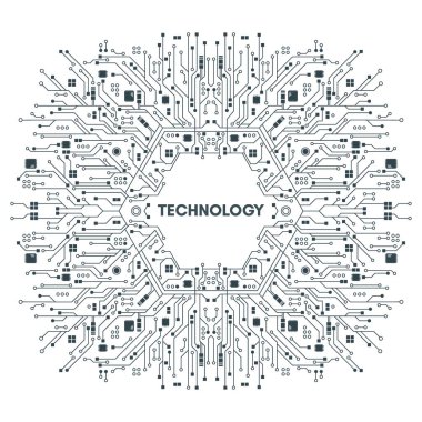 Düz mikroelektronik devreler. Devre levhasını vektör, beyaz arka plan. Teknolojik altyapı. Siyah beyaz versiyonu.