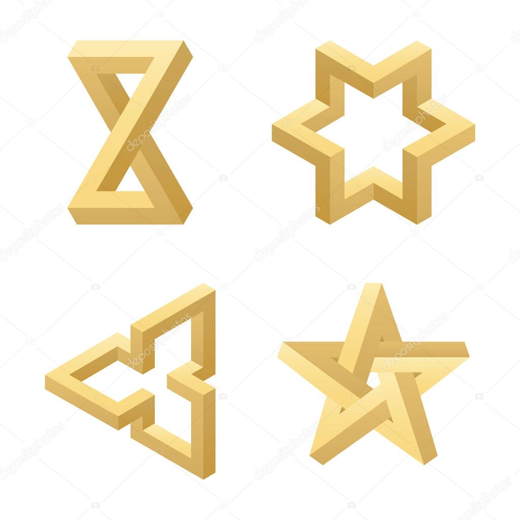 Impossible geometry shape. Optical Illusion. 3d design. Impossible geometry symbols vector set. Escher paradox impossible geometry geometric graphic
