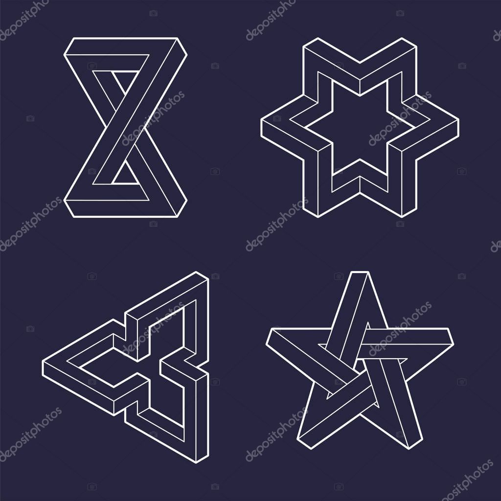 Impossible geometry shape. Optical Illusion. Impossible geometry symbols vector set. Escher paradox impossible geometry geometric graphic. Original outline vector (non expanded stroke).