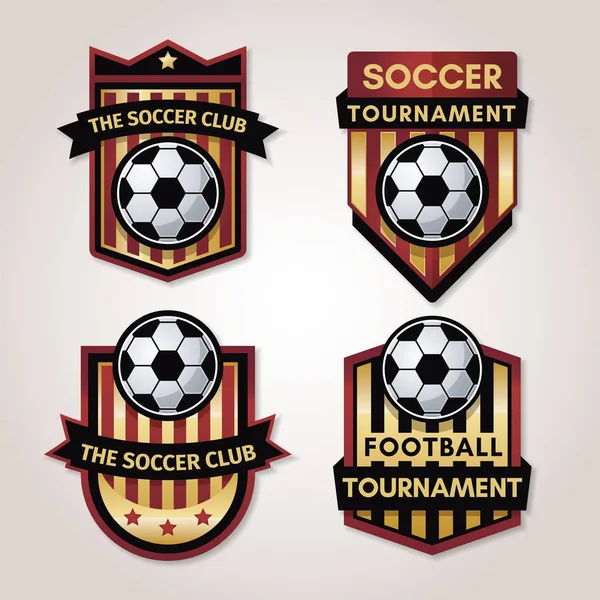 Badge de soccer ou de football doré avec combinaison d'étoiles d'or noir et rouge — Image vectorielle