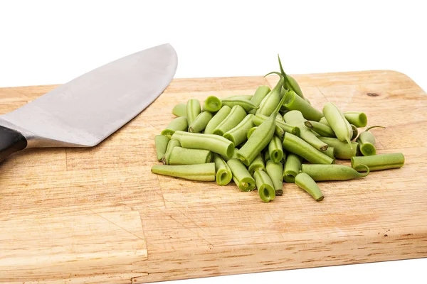 Fresh Green Beans Cutting Board Table White Isolated Background — Stock Photo, Image