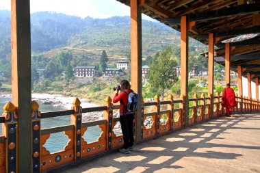 Kadın turist alarak fotoğrafa platolarının Mocchu Bazam: antika ahşap köprü Punakha Dzong manastır veya Pungthang Dewachen Phodrang Butan,