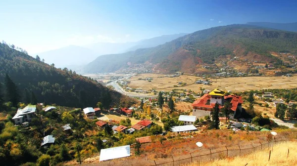 Aerial View Paro Dzong Rinpung Dzong Buddhist Monastery Fortress Hill — Stock Photo, Image