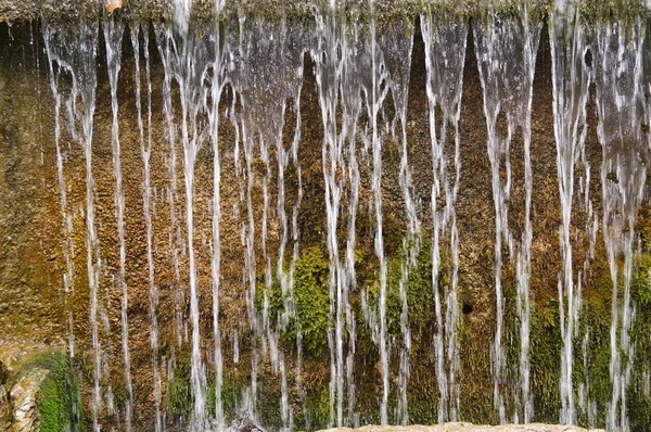 Parede de pedra com vegetação e cachoeira. Textura da natureza. Fundo para texto, banner, rótulo . — Fotografia de Stock