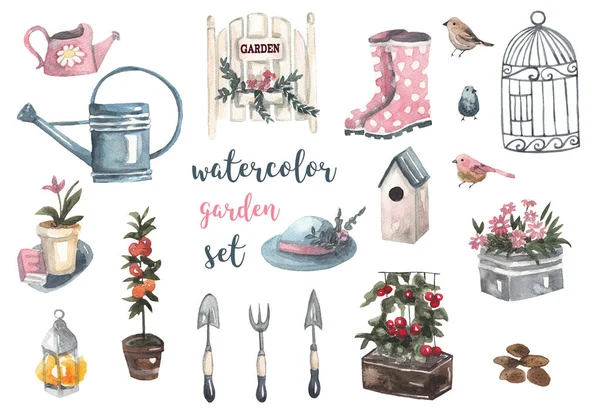 Aquarel Tuin Set Tuingereedschap Drenken Blikjes Bloemen Rubberen Laarzen Hoed — Stockfoto