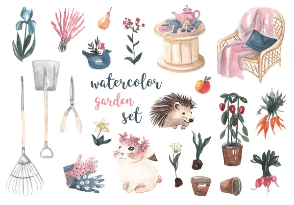 Aquarel Tuin Set Tuingereedschap Bloemen Groenten Tafel Stoel Egel Konijn — Stockfoto