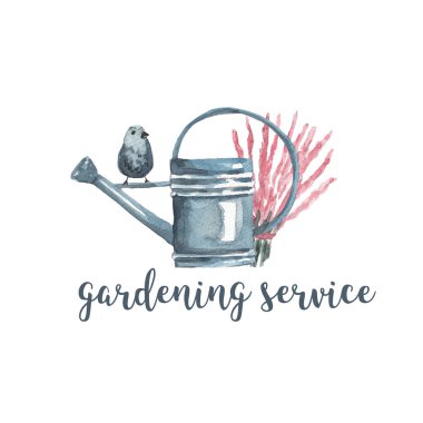 Suluboya Bahçe logosu. Sulama olabilir, heather ve kuş. Beyaz izole zemin üzerine suluboya resim