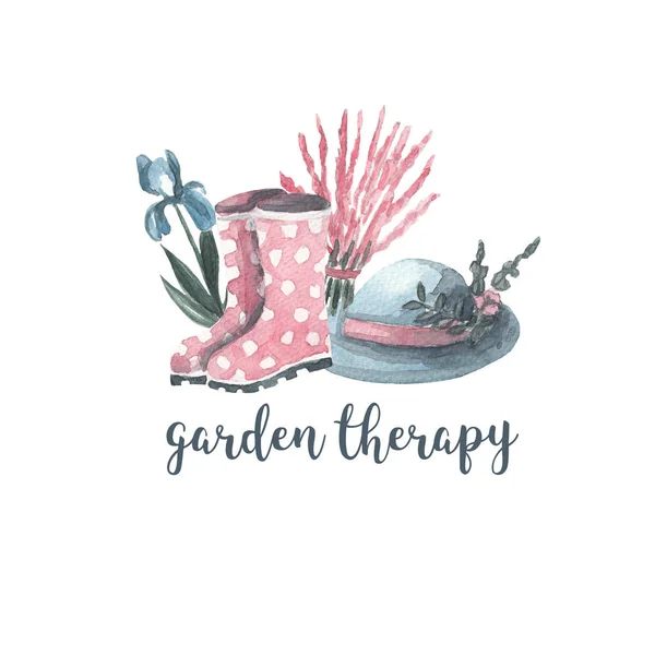 Watercolor garden logo. Rubber boots, flowers and hat. Watercolor illustration on white isolated background