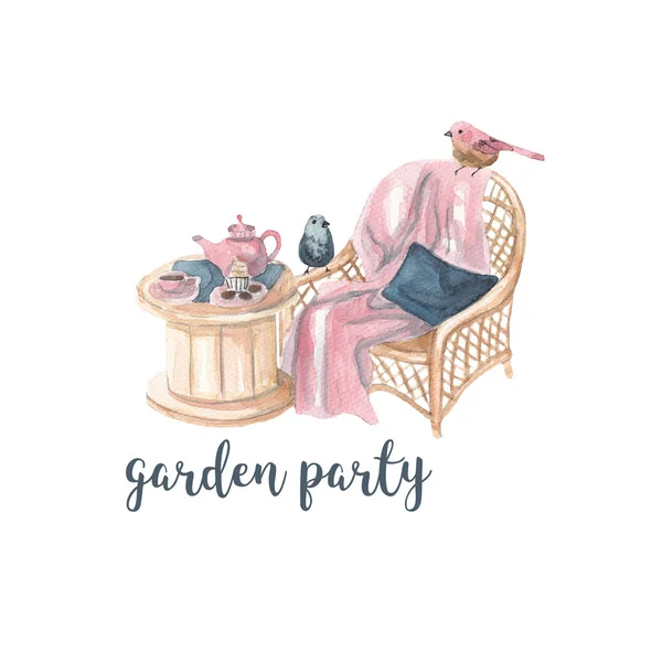 Watercolor garden logo. Garden chair and table, cups and teapot, birds. Watercolor illustration on white isolated background