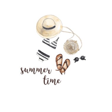 Suluboya yaz logosunu görmeniz gerekir. Şapka, güneş gözlüğü, Mayo, terlik ve bir yazıt yaz saati. Beyaz izole zemin üzerine suluboya resim 