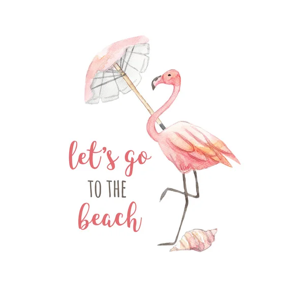 Watercolor summer logo. Flamingo, umbrella, shell and inscription Let\'s go to the beach. Watercolor illustration on white isolated background