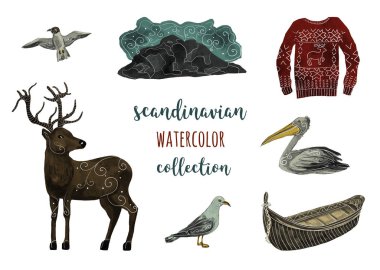 İskandinav koleksiyonu. Beyaz izole arka planda İskandinav süslemeli suluboya çizimler