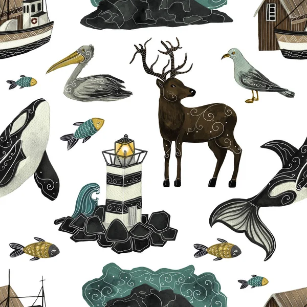 İskandinav seamless modeli. Deniz feneri, geyik, balık, pelikan, martı beyaz izole arka planda