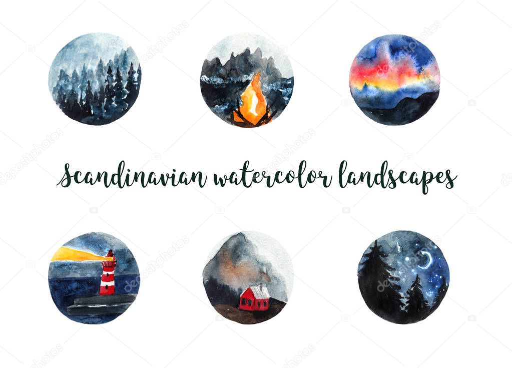 Scandinavian watercolor landscapes on white isolated background. Forest, mountains, aurora borealis, lighthouse, fire, sky and stars