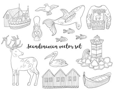 İskandinav koleksiyonu. Beyaz izole arka planda İskandinav süslemeli vektör çizimler