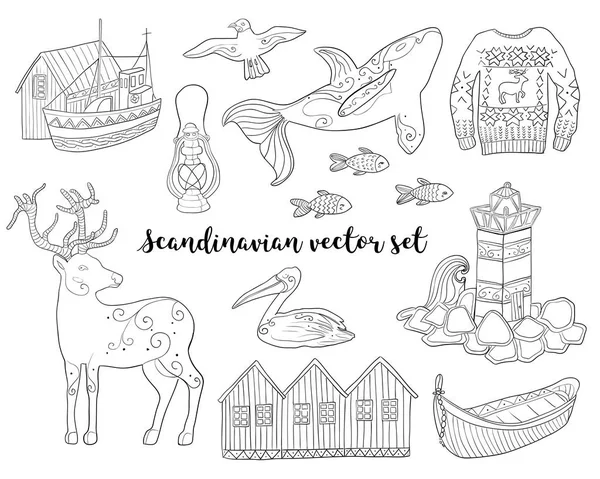 Skandinav Koleksiyonu Beyaz Izole Arka Planda Skandinav Süslemeli Vektör Çizimler — Stok Vektör