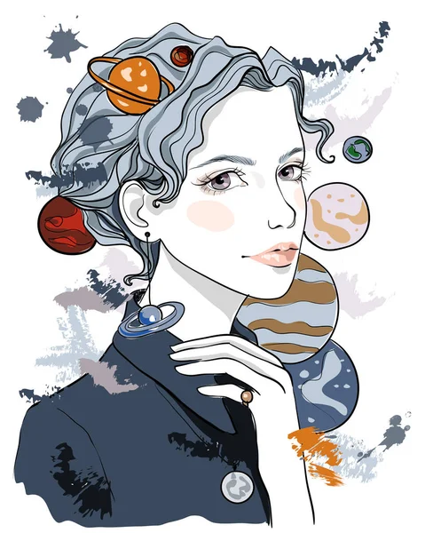 Retrato Uma Linda Rapariga Com Planetas Volta Rosto Ilustração Vetorial — Vetor de Stock