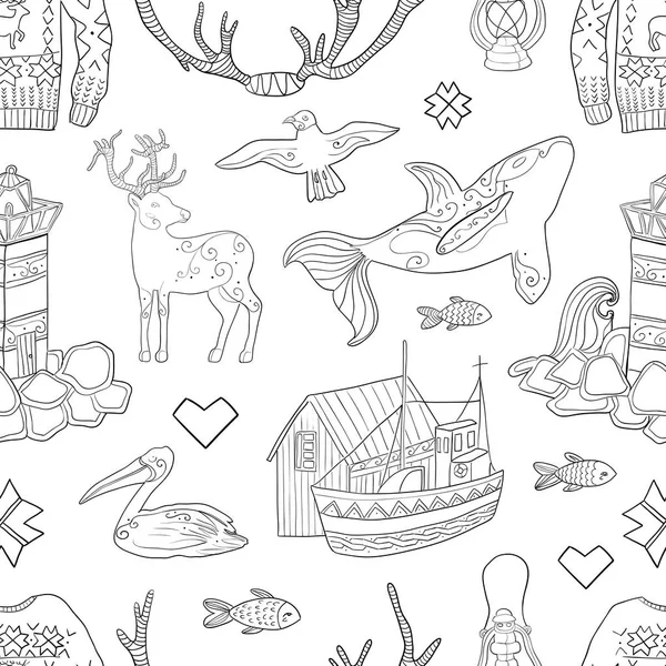 Modèle Vectoriel Sans Couture Scandinave Phare Cerf Poisson Pélican Sur — Image vectorielle