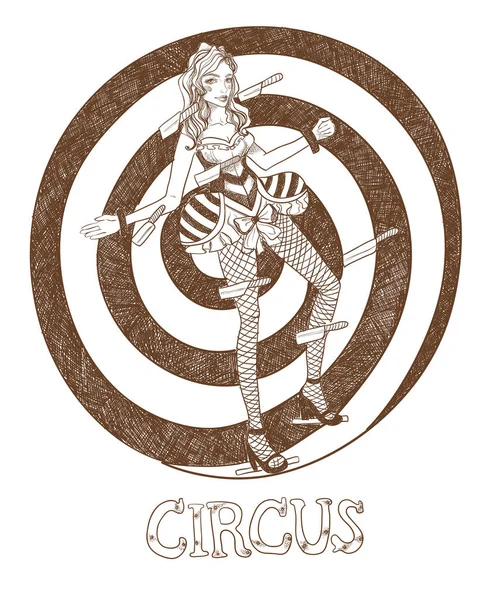 Mesa Lanzador Cuchillos Circo Asistente Chica Traje Circo Ilustración Vectorial — Archivo Imágenes Vectoriales