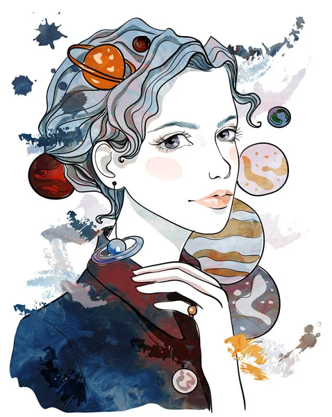 彼女の顔の周りの惑星を持つ美しい少女の肖像画 ファッション イラスト 抽象的な背景 — ストック写真