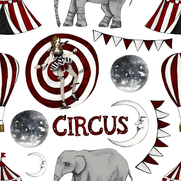 Circus Naadloze Patroon Circustent Olifant Ballon Vlaggen Maan Witte Achtergrond — Stockfoto