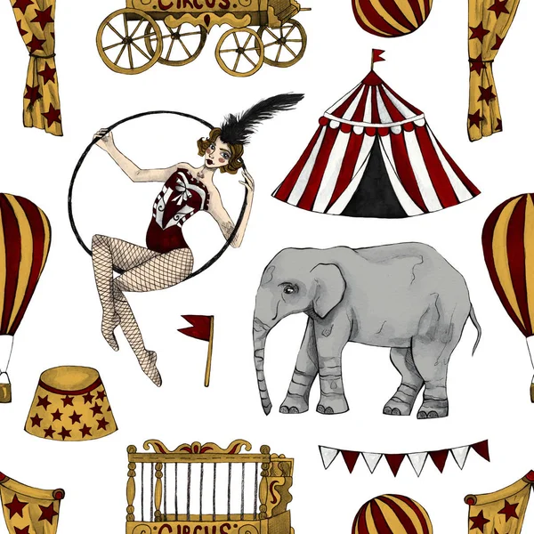 Zirkusnahtloses Muster Zirkuszelt Elefant Ballon Fahnen Ball Auf Weißem Hintergrund — Stockfoto