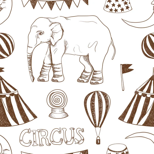 Cirque Motif Vectoriel Sans Couture Tente Cirque Éléphant Ballon Drapeaux — Image vectorielle