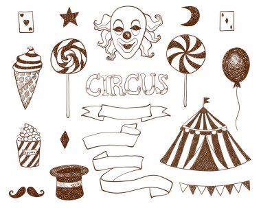 Sirk vektör beyaz izole arka plan ayarla. Sirk çadırı, moon, balon, şerit, palyaço, şapka, dondurma, patlamış mısır, maskeli adam, lolipop