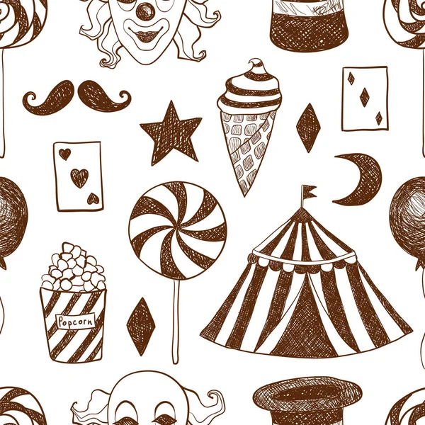 Modèle Vectoriel Sans Couture Tente Cirque Lune Ballon Clown Chapeau — Image vectorielle