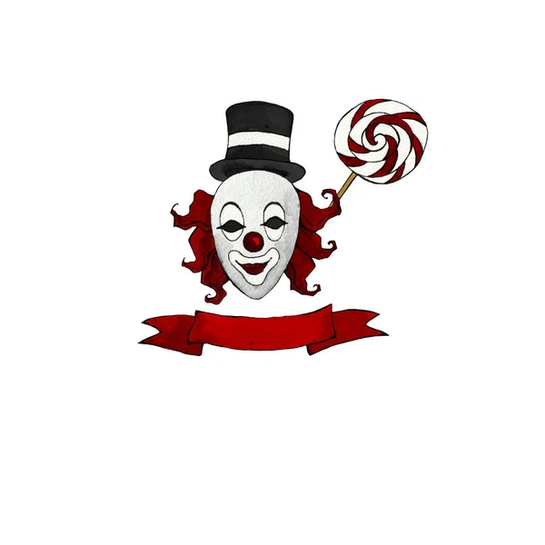 Логотип Цирка Белом Изолированном Фоне Клоун Леденец Лента Местом Текста — стоковое фото