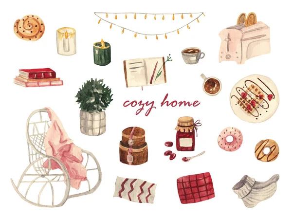 Cozy Home Cozy Watercolor Set Interior Items Watercolor Illustrations White — Stock Photo, Image