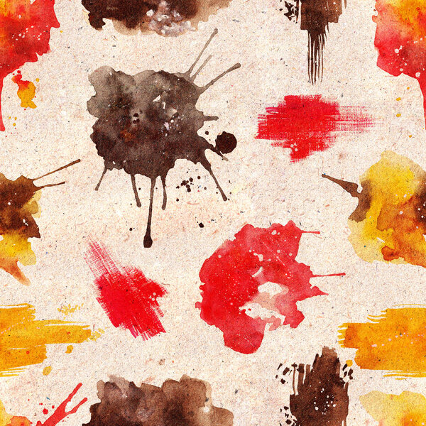 Seamless pattern with abstract watercolor stains and blots on kraft textured background